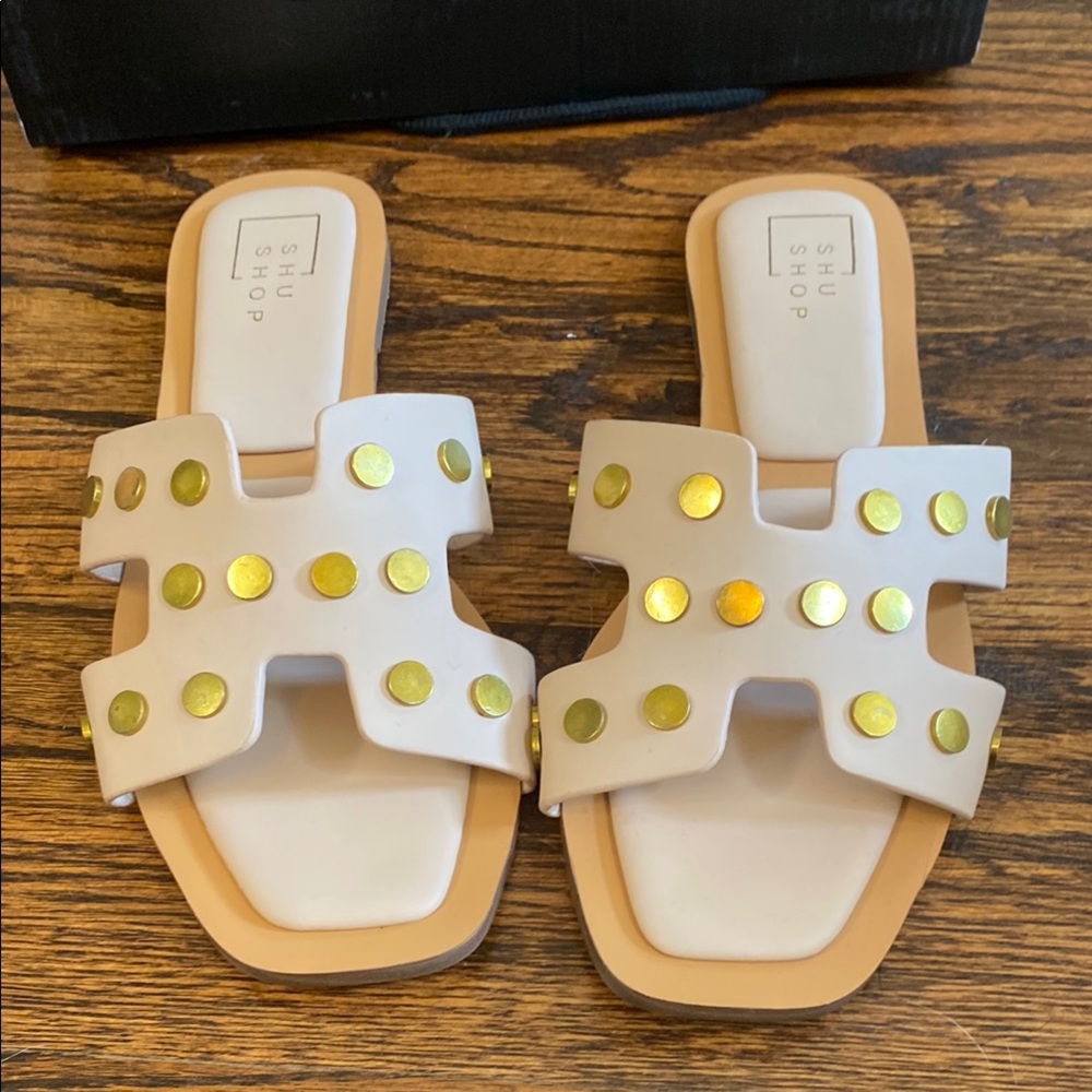 ShuShop White Studded Slide Sandals with Gold Accents